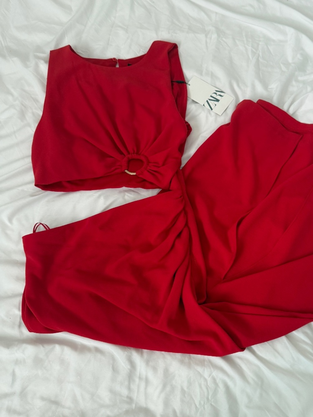zara midi red dress   size small  details: -NWT -cutout in stomach  -color: red